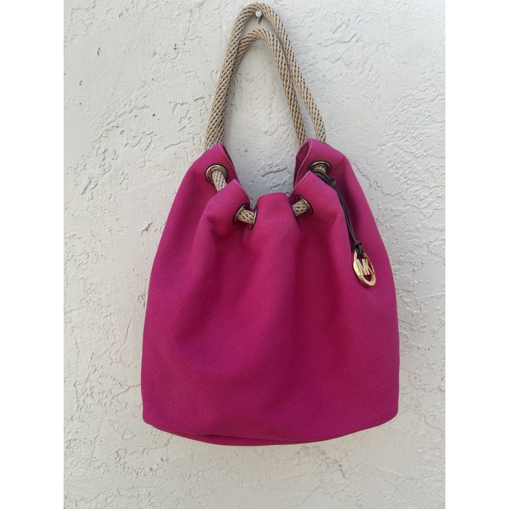 Michael Kors Marina Large Drawstring Tote Pink Canvas Rope Handle Shoulder Bag